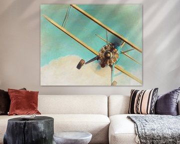 Retro Style Painting of a Flying Boeing Stearman Model 75 From 1936