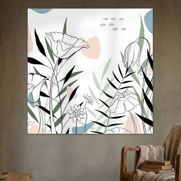 Illustration florale moderne - Bleu Vert Rose - Tropical