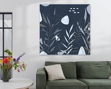 Moderne Bloemen illustratie - Blauw Grijs - Industrieel van Studio Hinte
