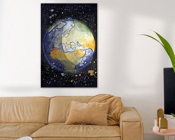 Watercolor painting of the globe seen from space. The globe is painted by hand as a watercolor illus by Emiel de Lange
