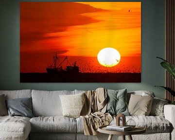 Fishing boat at sunset with seagulls by Menno van Duijn