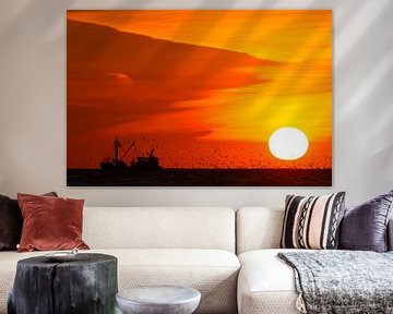 Fishing boat at sunset with seagulls by Menno van Duijn