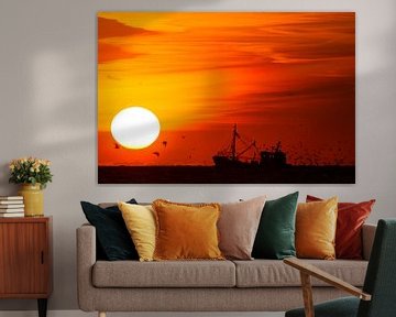 Fishing boat at sunset with seagulls by Menno van Duijn