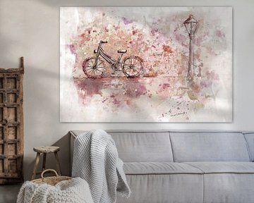 Watercolor painting bicycle in the city by Emiel de Lange