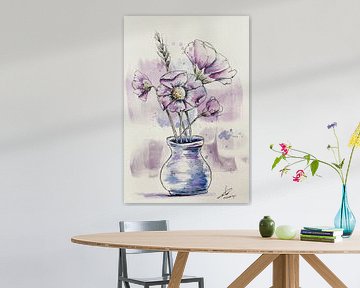 Fleurs de champ dans un vase - fleurs aquarellées en bleu et lilas sur Emiel de Lange