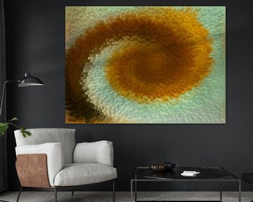 Abstracte okergele bloem in een blokken spiraal van Jolanda de Jong-Jansen