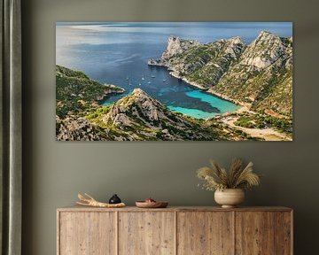 Panoramic view from Calanque de Sormiou in the Calanque National Park in France in summer.