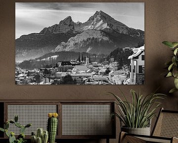 City of Berchtesgaden with the Watzmann at the Königsee in winter black and white