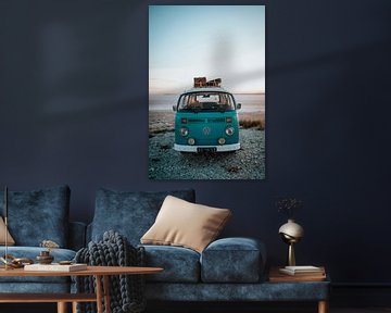 Volkswagen van in front of the biggest, and also salty, lake of Turkey | Print on the wall by Milene van Arendonk