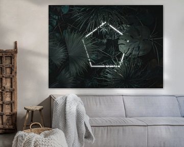 Neon hexagon frame surrounded and covered by tropical plants by Besa Art