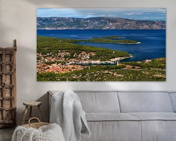 Panorama town Jelsa on island Hvar in Croatia with island Brač and Mediterranean Sea
