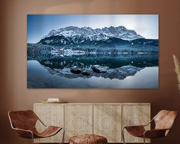 Eibsee in winter with snow and reflection of Zugspitze