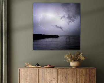 Lightning and thunderstorms at Lake Balaton in Hungary. Evening Night