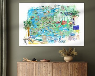 Europe illustrated travel map with tourist highlights and attractions