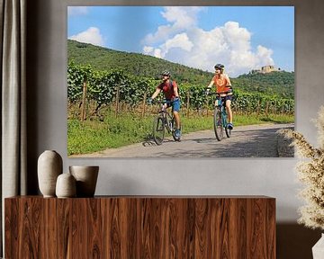Symbolisch beeld: Jong stel op een fietstocht in de Pfalz bij Maikammer. Op de achtergrond wijnranke van Udo Herrmann
