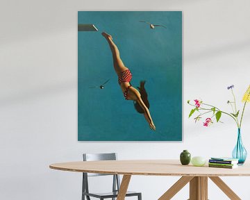 Retro stijl schilderij van een meisje dat in de zee duikt van Jan Keteleer