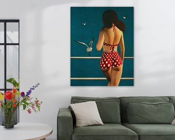 Retro stijl schilderij van een meisje met een bikini van Jan Keteleer