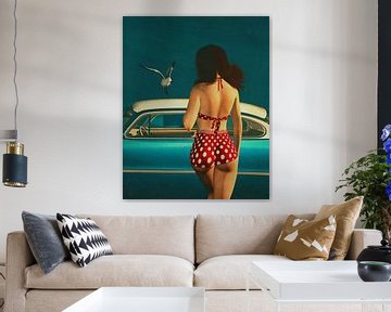 Peinture de style rétro d'une fille et d'une voiture classique