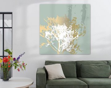 Botanische Pflanzen 5 . Grasbüschel in Pastellfarben mit goldenen abstrakten Pinselstrichen von Dina Dankers