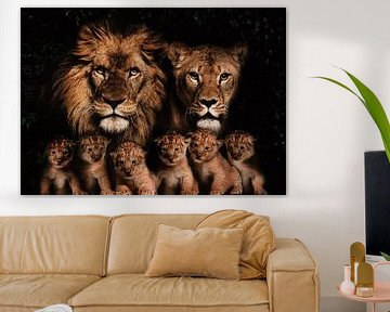 Famille de lions avec 6 lionceaux sur Bert Hooijer
