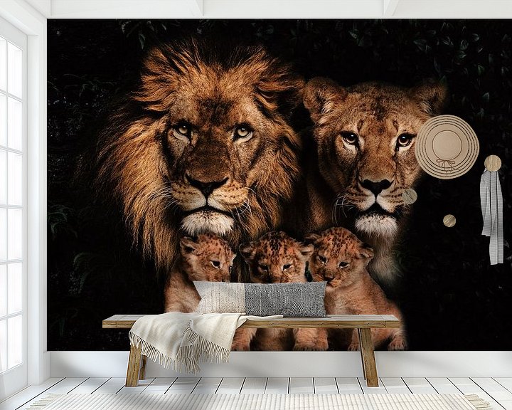 Beispiel fototapete: Löwenfamilie mit 3 Jungtieren von Bert Hooijer