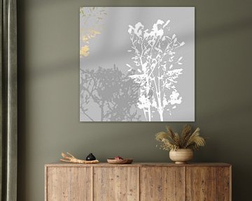 Botanische Pflanzen 16 . Grasbüschel in Pastellfarben mit goldenen abstrakten Pinselstrichen von Dina Dankers