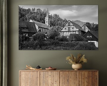 Half-timbered houses in Schiltach in black and white
