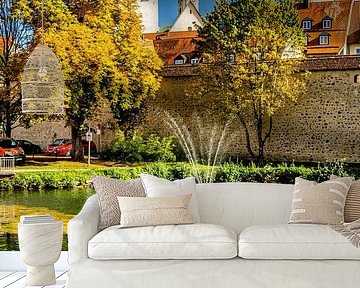 Pond with fountain in Isny Allgäu with city wall and church tower by Dieter Walther