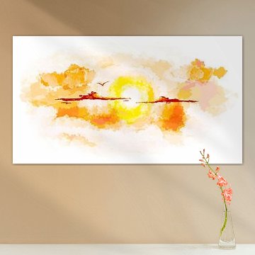 Le coucher du soleil. Oiseau au-dessus des nuages.