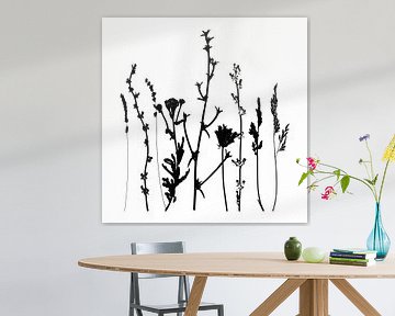 Botanische illustratie met planten, wilde bloemen en grassen 2.  Zwart wit. van Dina Dankers