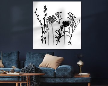 Botanische illustratie met planten, wilde bloemen en grassen 7.  Zwart wit. van Dina Dankers