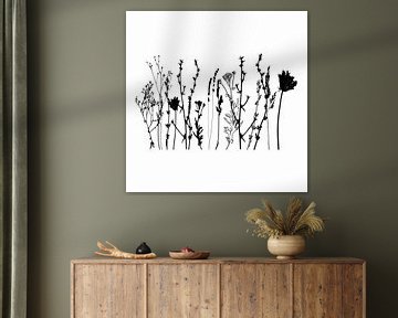 Botanische illustratie met planten, wilde bloemen en grassen in zwart-wit van Dina Dankers