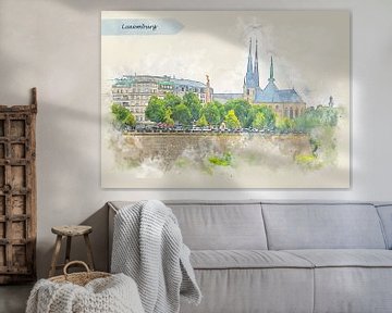 panorama van Luxemburg in schetsstijl van Ariadna de Raadt-Goldberg