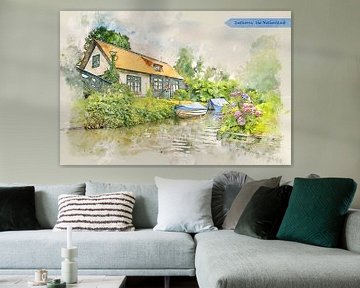 dorp Giethoorn, Nederland, in aquarel schets stijl van Ariadna de Raadt-Goldberg
