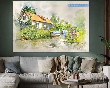 village Giethoorn, the Netherlands, in watercolor sketch style by Ariadna de Raadt-Goldberg