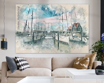 Jachthaven in dorp Volendam, Nederland, in aquarel schets stijl