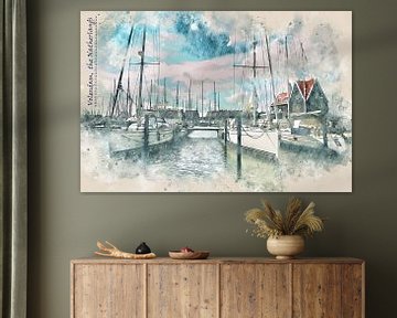 Jachthafen im Dorf Volendam, Niederlande, im Stil einer Aquarellskizze