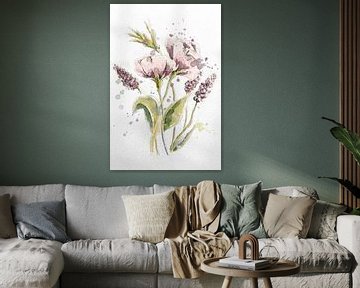 Impression aquarelle avec des fleurs lilas sur papier aquarelle. sur Emiel de Lange