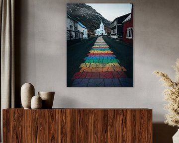 Seyðisfjarðarkirkja - Kerk met regenboog pad van Bas Leroy