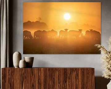 Silhouettes d'un troupeau de moutons dans une prairie au lever du soleil sur Olha Rohulya