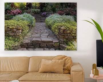 jardin avec de belles plantes à fleurs des deux côtés du chemin