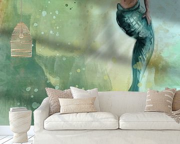 Beautiful mermaid illustration with green and yellow tones by Emiel de Lange
