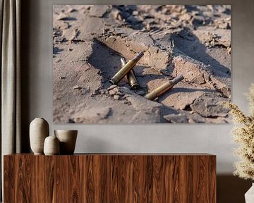 Kogels in het met zonlicht bedekte zand. van Jolanda de Jong-Jansen