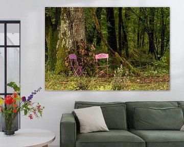 Pink French chairs in the forest by Diana Kors