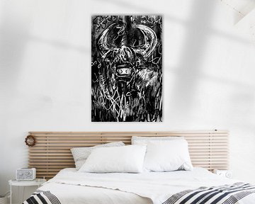 Digitaal abstract artwork met zwart wit tinten. Stoer en robuust schilderij van een schotse hoogland van Emiel de Lange