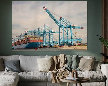 Hijskranen en containerschepen op de Tweede Maasvlakte, Rotterdam van Jille Zuidema