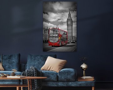 Londen - Houses Of Parliament en rode bus van Melanie Viola