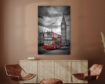 Londres - Maisons du Parlement et bus rouge