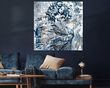 Abstract kunstwerk Zeemeermin in blauw houtkleur en wit van Emiel de Lange