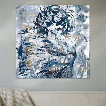 Tableau d'art abstrait Sirène en bois bleu et blanc